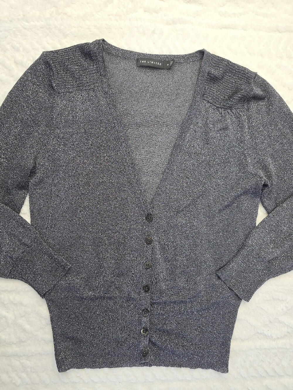 The Limited V-neck Cardigan Sweater Gray Metallic Shimmer 3/4 Sleeve Lightweight